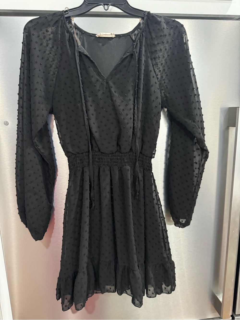 Altar'd State Black Long-Sleeve Swiss Dot Smocked Waist Dress